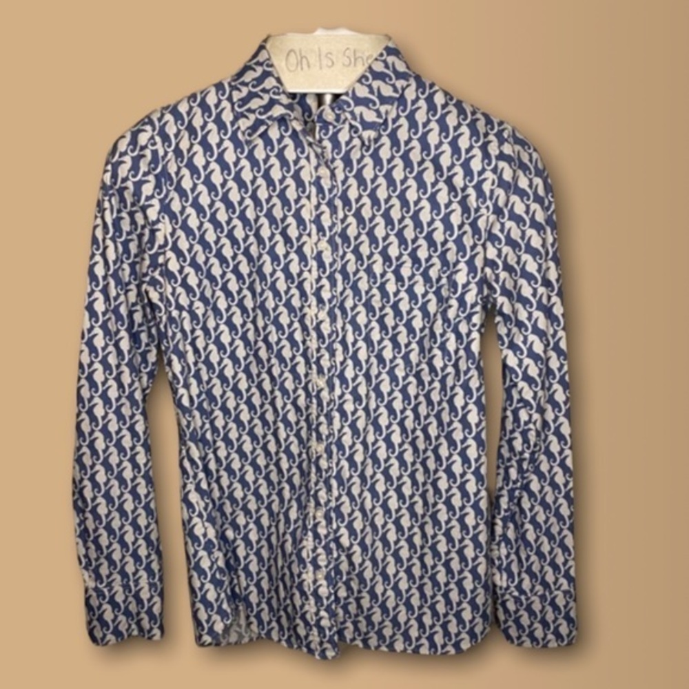 J.‎ Crew Cornflower Blue White Seahorse Button Down Shirt Top Size XS